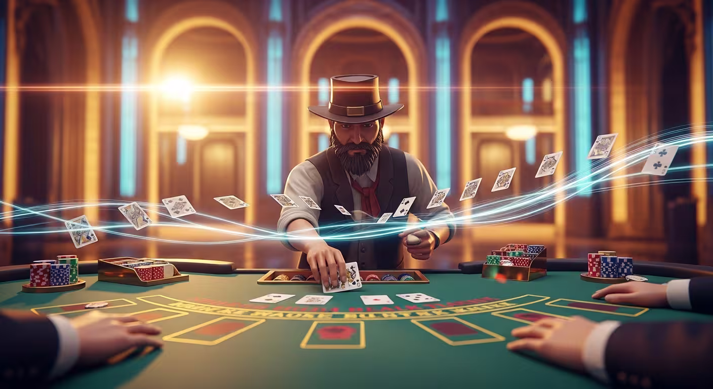 Wild-West-Kartenhai steht vor der letzten Hand am Live-Blackjack-Tisch bei Gunsbet